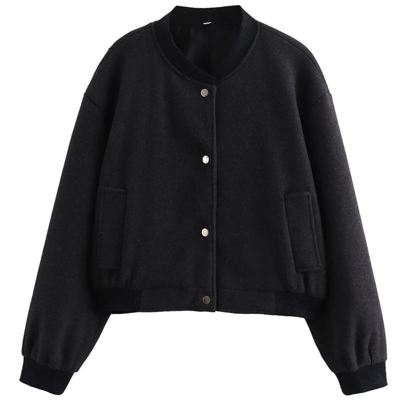 Autumn Crop Womens Bomber Jacket Soft Tweed Outerwear Black Grey Khaki Beige Darkgrey Long Sleeve O 9