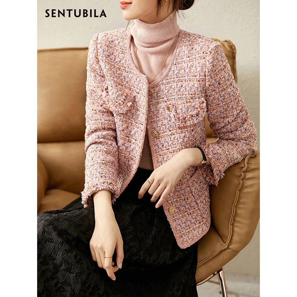 Textured Tweed Jacket For Women Single Breasted Round Neck Winter Coats Patch Pockets Elegant Chic  0