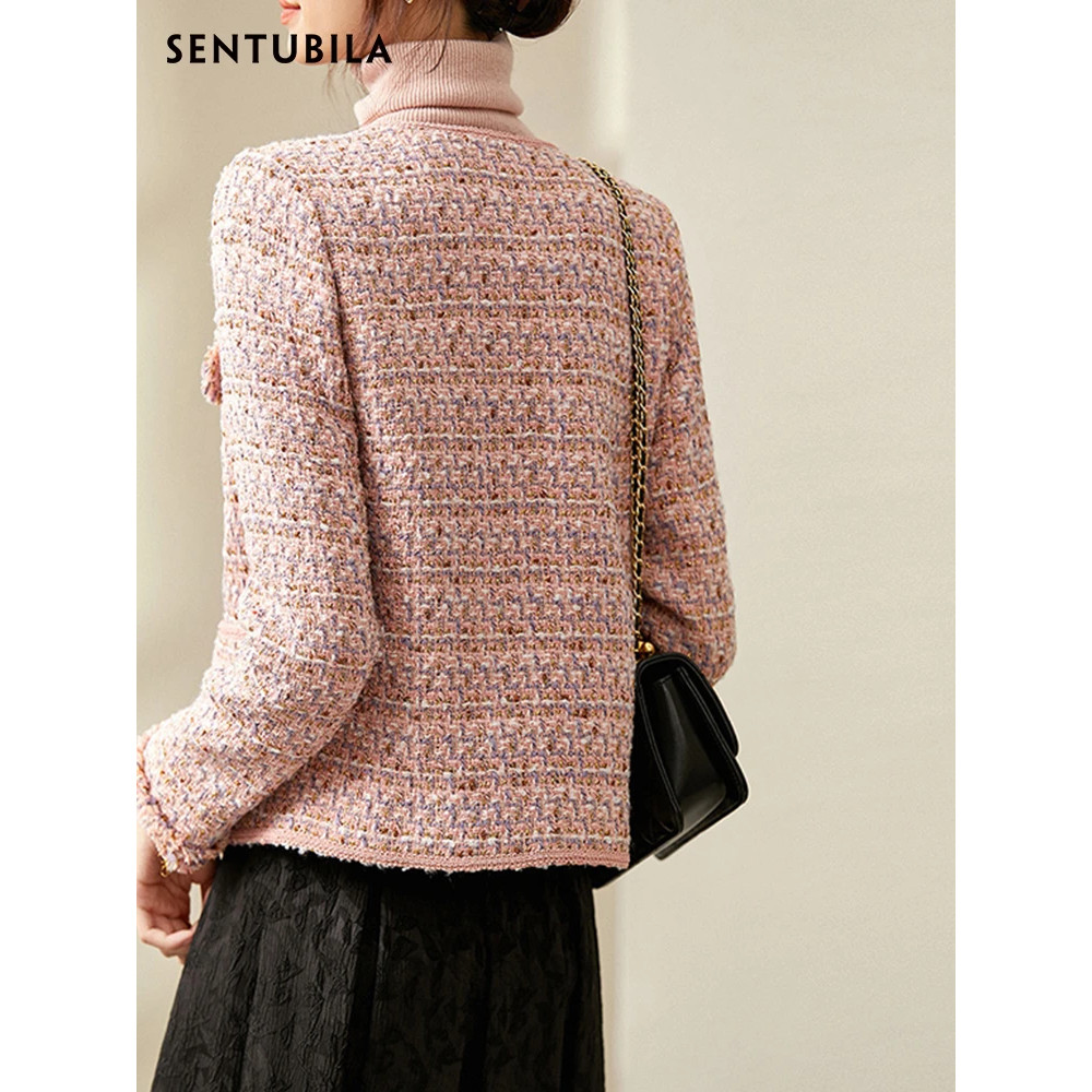 Textured Tweed Jacket For Women Single Breasted Round Neck Winter Coats Patch Pockets Elegant Chic  3