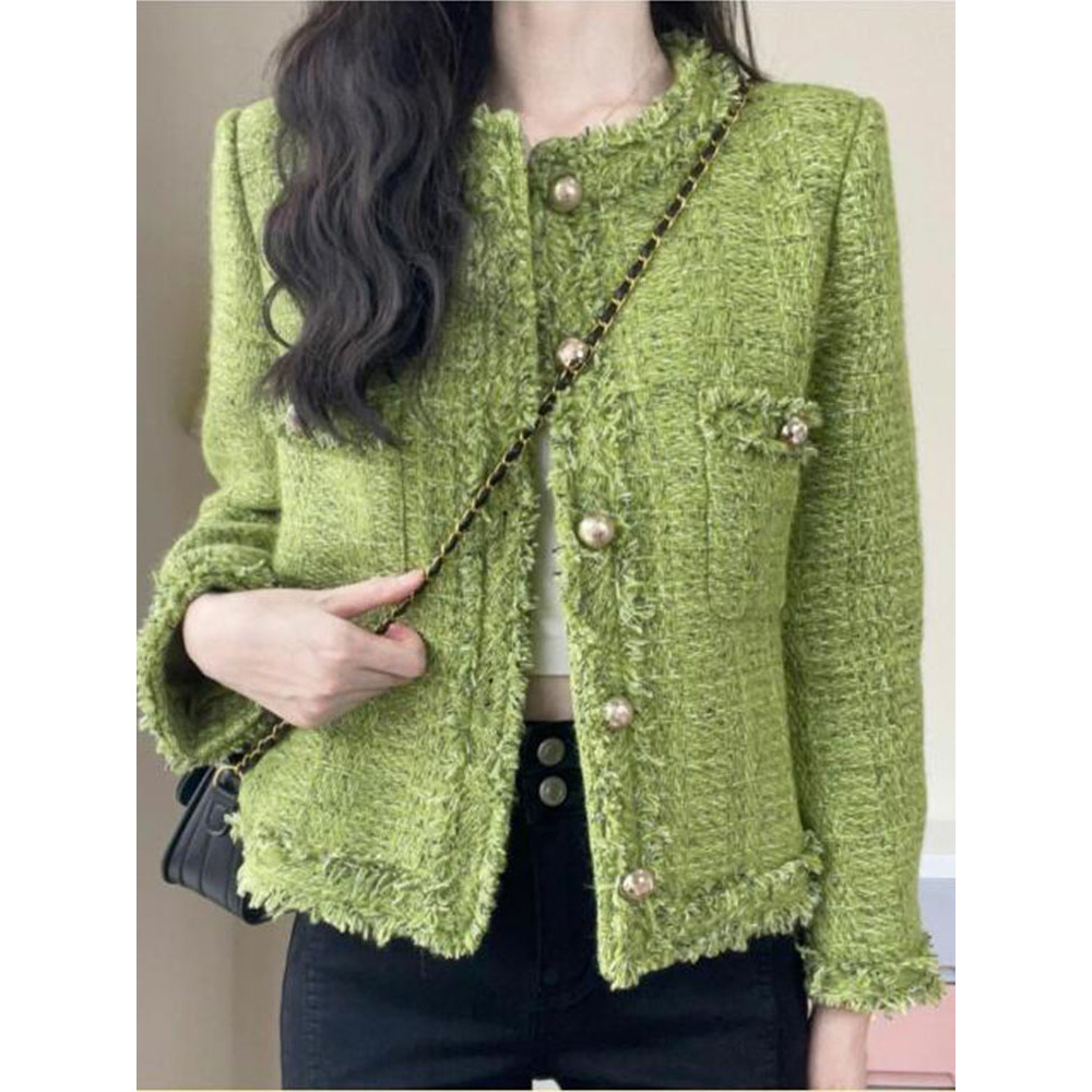 New Autumn Winter Korean Single Breasted Short Tweed Coat Women Long Sleeve Vintage Green Jackets Female Outerwear