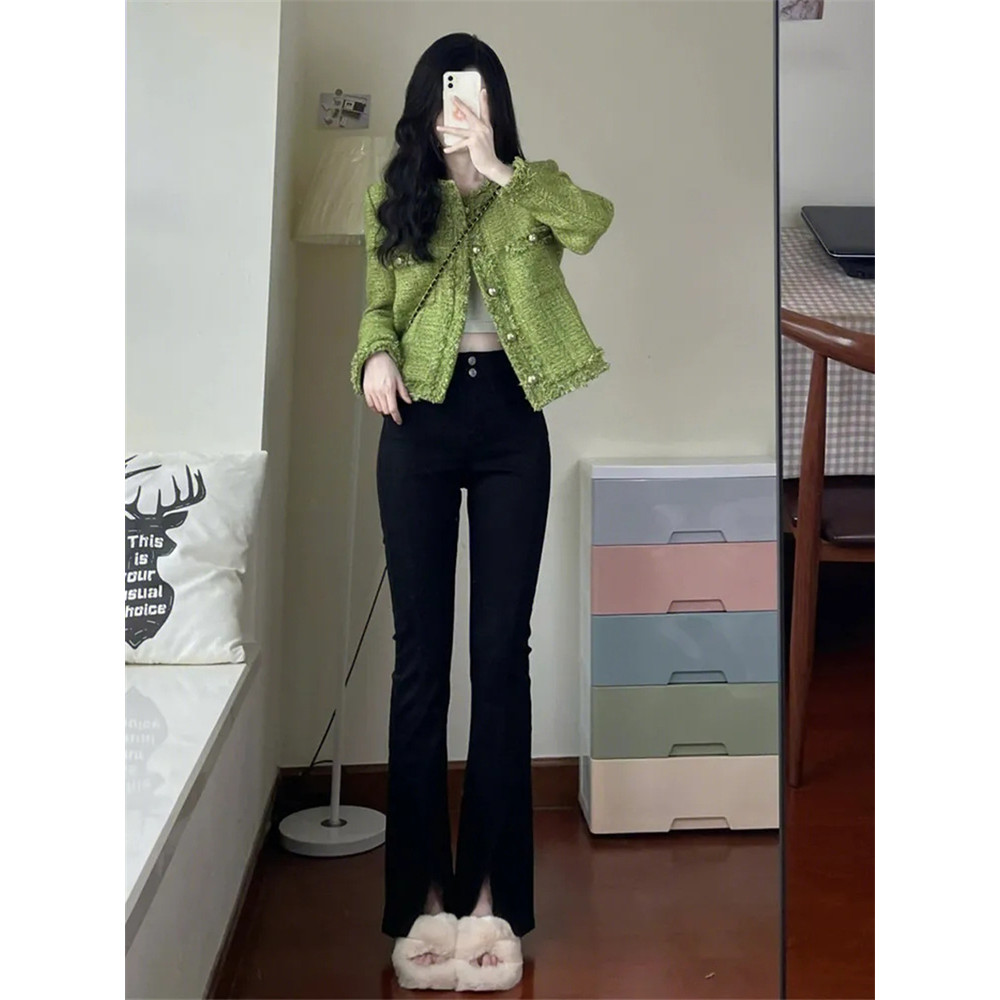 New Autumn Winter Korean Single Breasted Short Tweed Coat Women Long Sleeve Vintage Green Jackets Female Outerwear