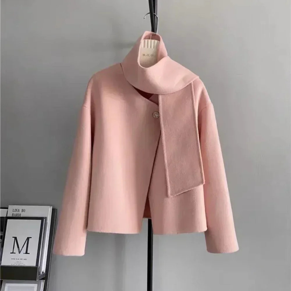 Elegant Wool Blend Coat For Women Single Button Short Scarf Collar Woolen Jacket Autumn Winter Lady 8
