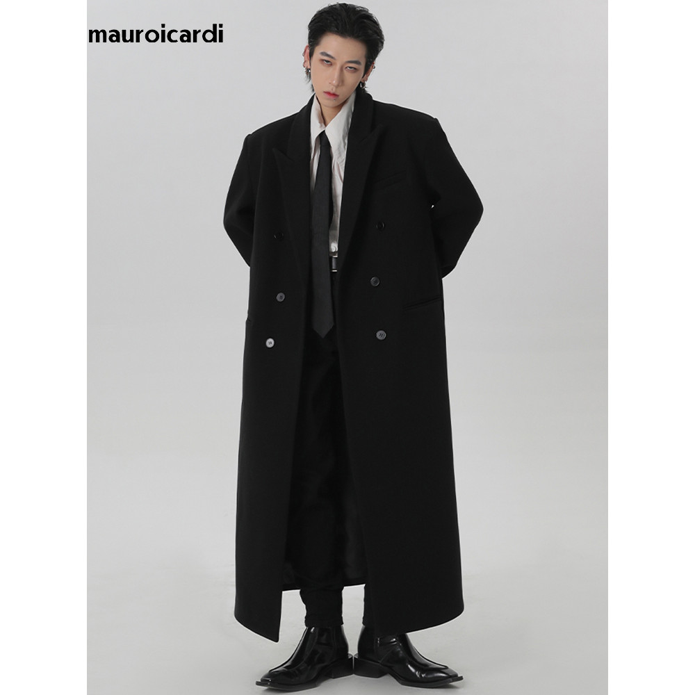 Autumn Winter Extra Long Black Oversized Warm Wool Blends Coat Men Double Breasted Luxury Outerwear 0