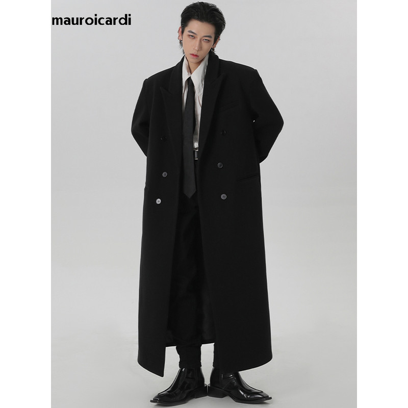 Autumn Winter Extra Long Black Oversized Warm Wool Blends Coat Men Double Breasted Luxury Outerwear 0