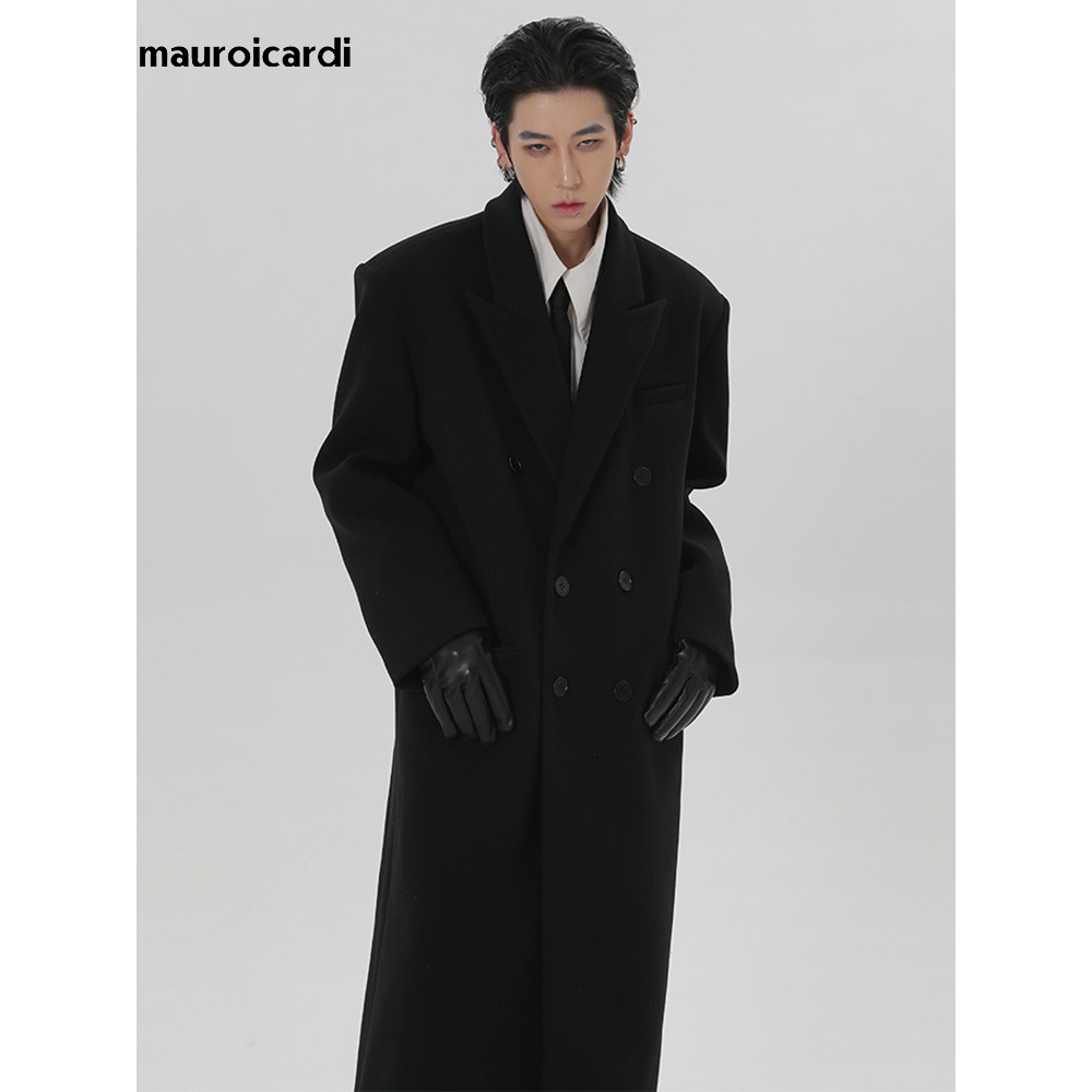 Autumn Winter Extra Long Black Oversized Warm Wool Blends Coat Men Double Breasted Luxury Outerwear 1