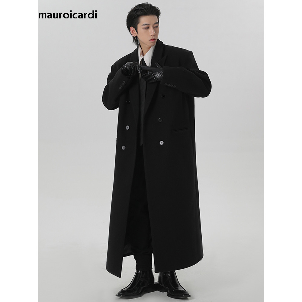 Autumn Winter Extra Long Black Oversized Warm Wool Blends Coat Men Double Breasted Luxury Outerwear 2