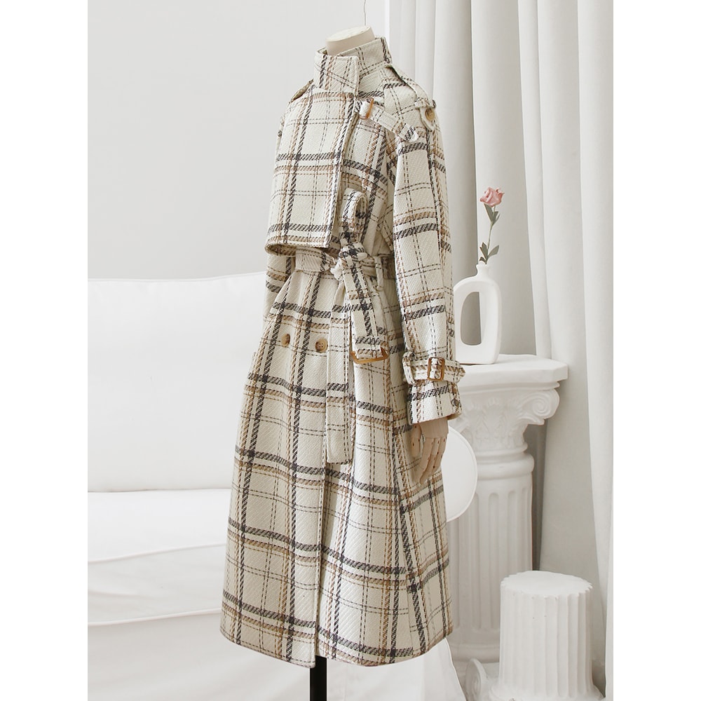 Plaid Wool Blends Trench Coat For Women Autumn Winter Warm Long Loose Overcoat With Belt Raglan Sle 0