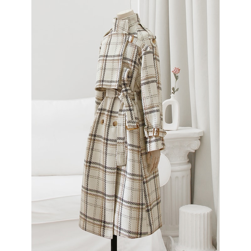 Plaid Wool Blends Trench Coat For Women Autumn Winter Warm Long Loose Overcoat With Belt Raglan Sle 0