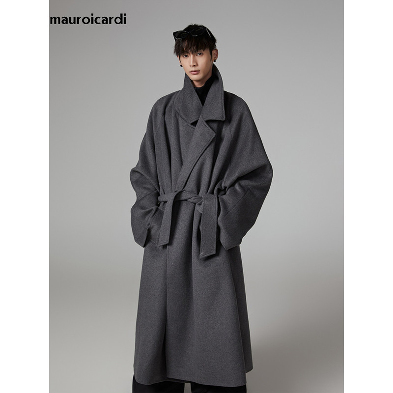 Warm Gray Wool Blends Coat Men Autumn Winter Oversized Extra Long Luxury Woolen Overcoat With Sashe 0