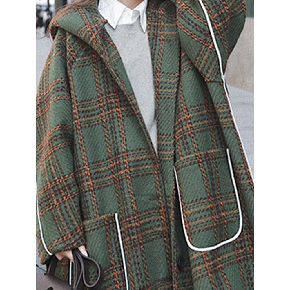 Autumn Winter Long Oversized Warm White Patchwork Plaid Wool Blends Trench Coats Women With Hood Ru 1