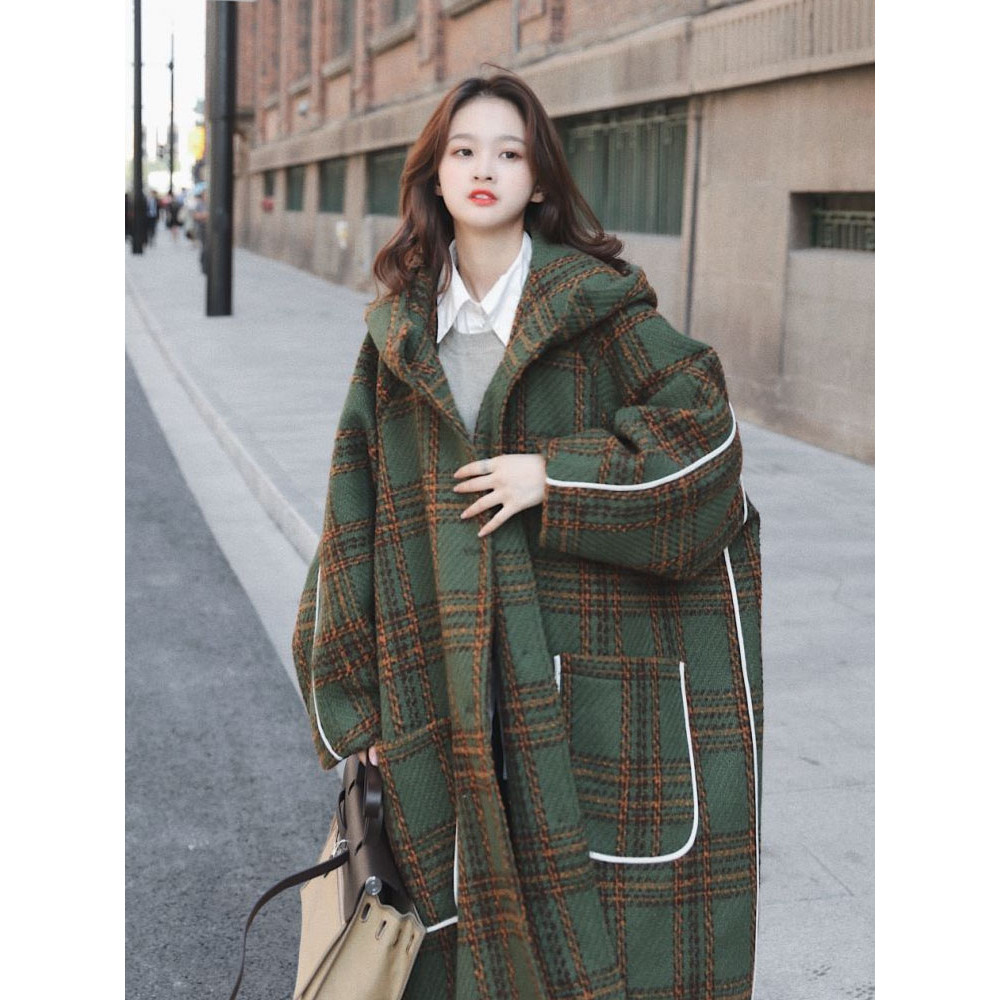 Autumn Winter Long Oversized Warm White Patchwork Plaid Wool Blends Trench Coats Women With Hood Ru 0