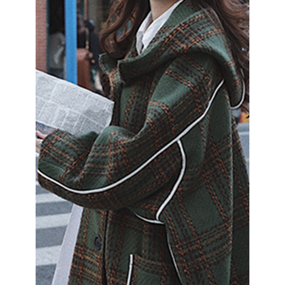 Autumn Winter Long Oversized Warm White Patchwork Plaid Wool Blends Trench Coats Women With Hood Ru 2