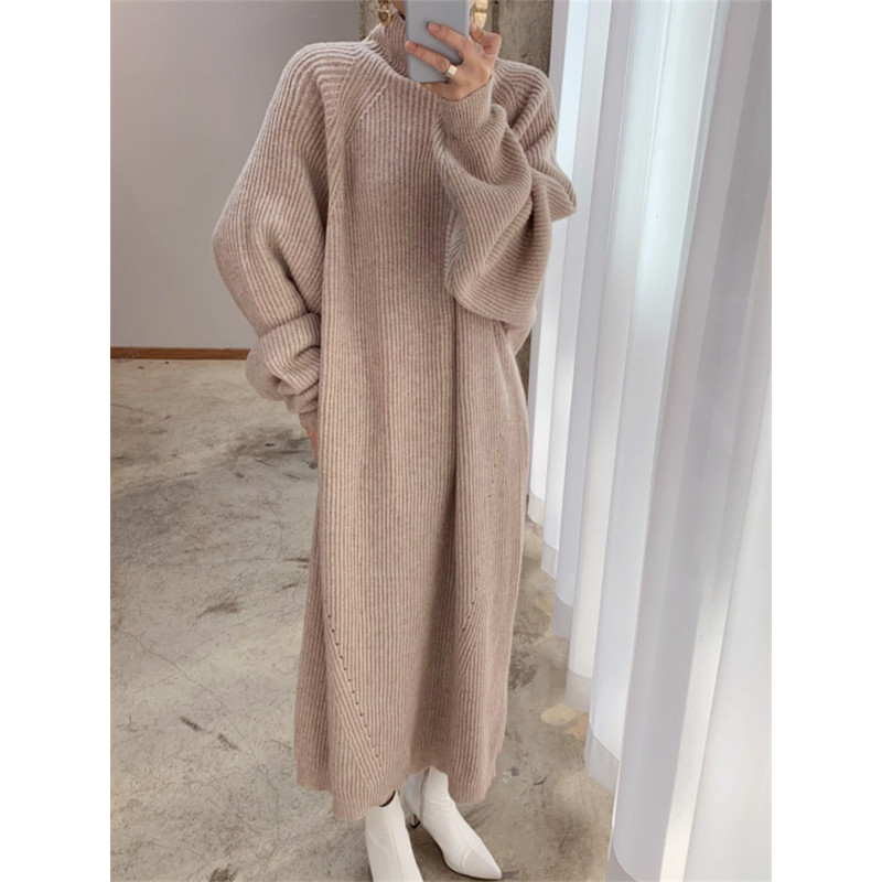 Vintage Oversize Knitted Maxi Dress Women Thick Sweater Dress Long Sleeve Turtleneck Black for Winter Fall