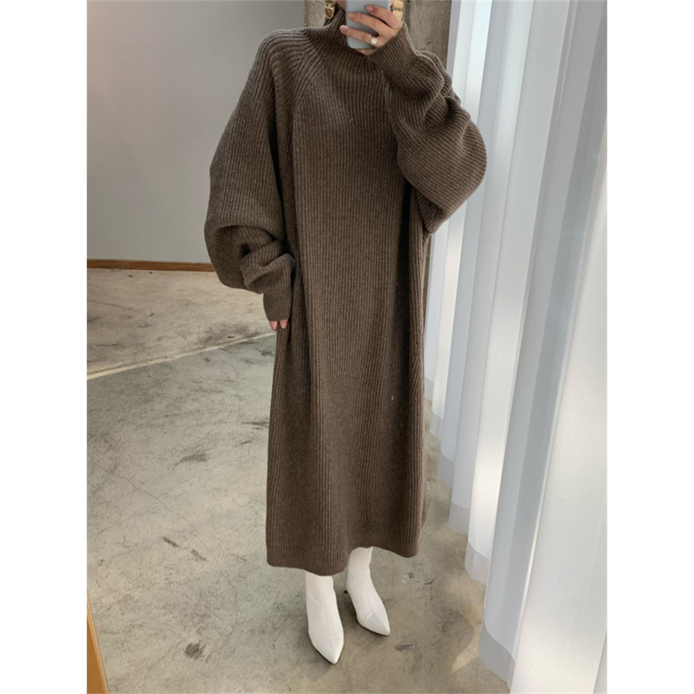 Vintage Oversize Knitted Maxi Dress Women Thick Sweater Dress Long Sleeve Turtleneck Black for Winter Fall