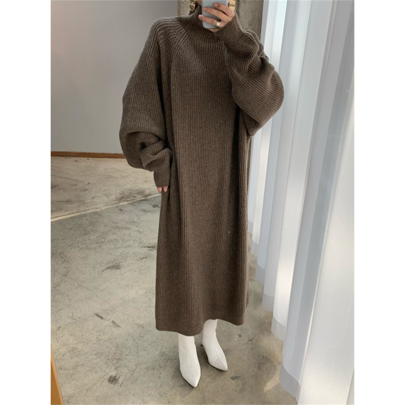 Vintage Oversize Knitted Maxi Dress Women Thick Sweater Dress Long Sleeve Turtleneck Black for Winter Fall