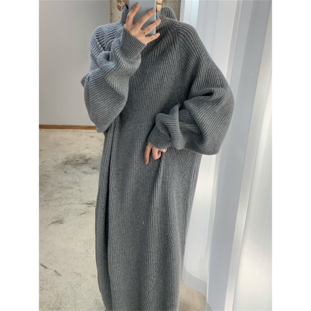 Vintage Oversize Knitted Maxi Dress Women Thick Sweater Dress Long Sleeve Turtleneck Black for Winter Fall