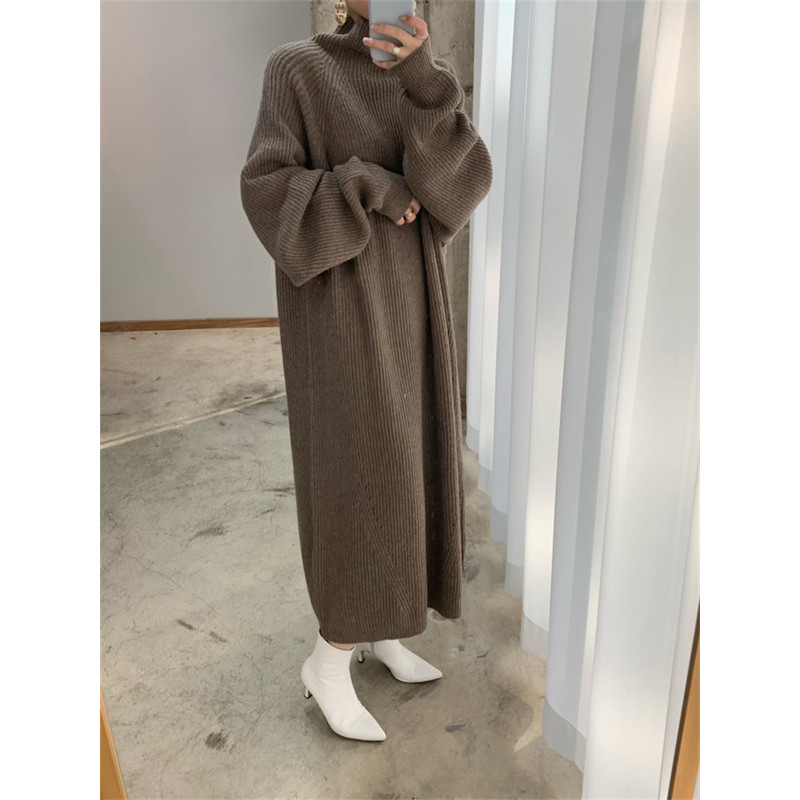 Vintage Oversize Knitted Maxi Dress Women Thick Sweater Dress Long Sleeve Turtleneck Black for Winter Fall