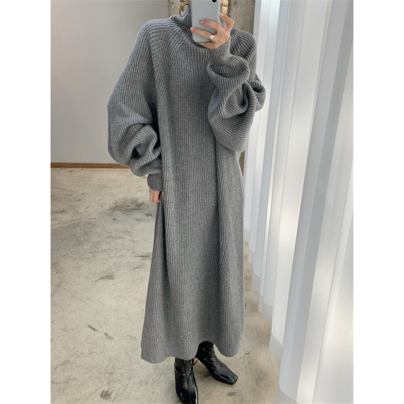 Vintage Oversize Knitted Maxi Dress Women Thick Sweater Dress Long Sleeve Turtleneck Black for Winter Fall