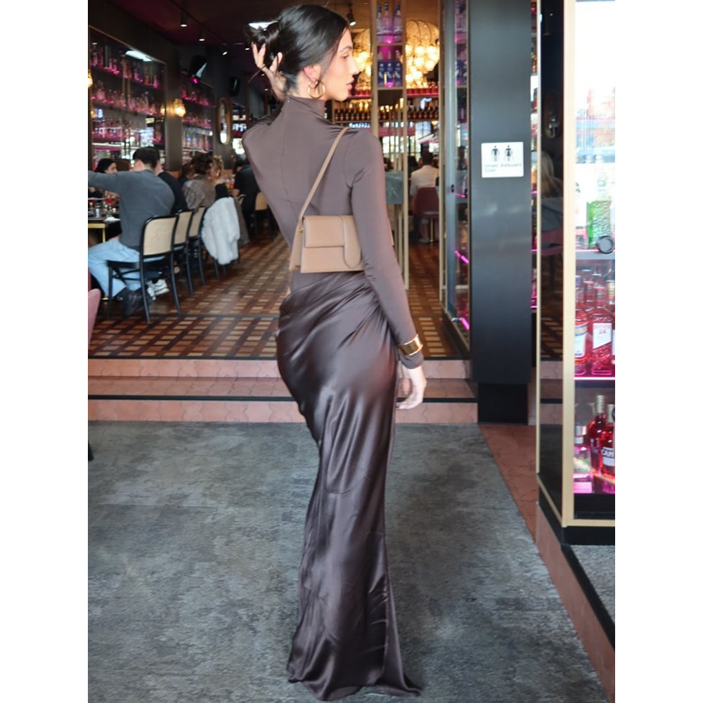 Turtleneck Satin Hollow Out Zipper Maxi Dress Women Black Patchwork Long Sleeve Slim Elegant Party Evening Dress Sexy