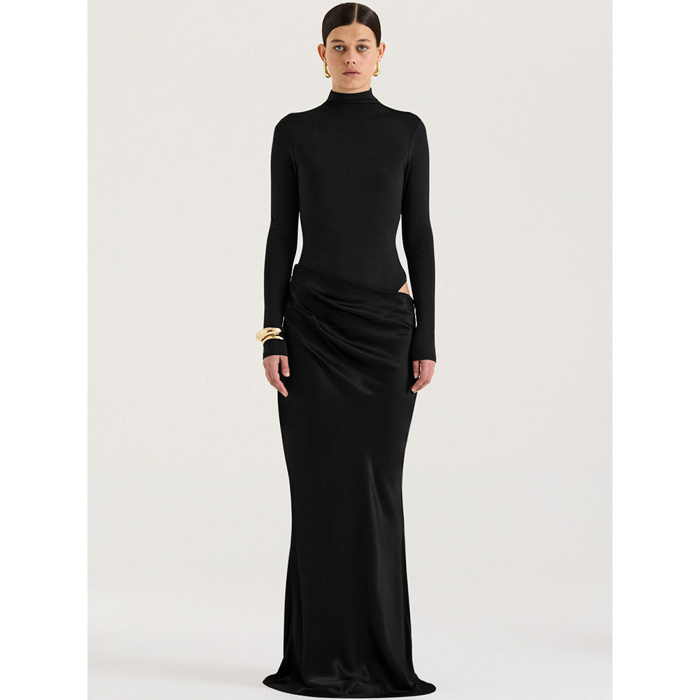 Turtleneck Satin Hollow Out Zipper Maxi Dress Women Black Patchwork Long Sleeve Slim Elegant Party Evening Dress Sexy