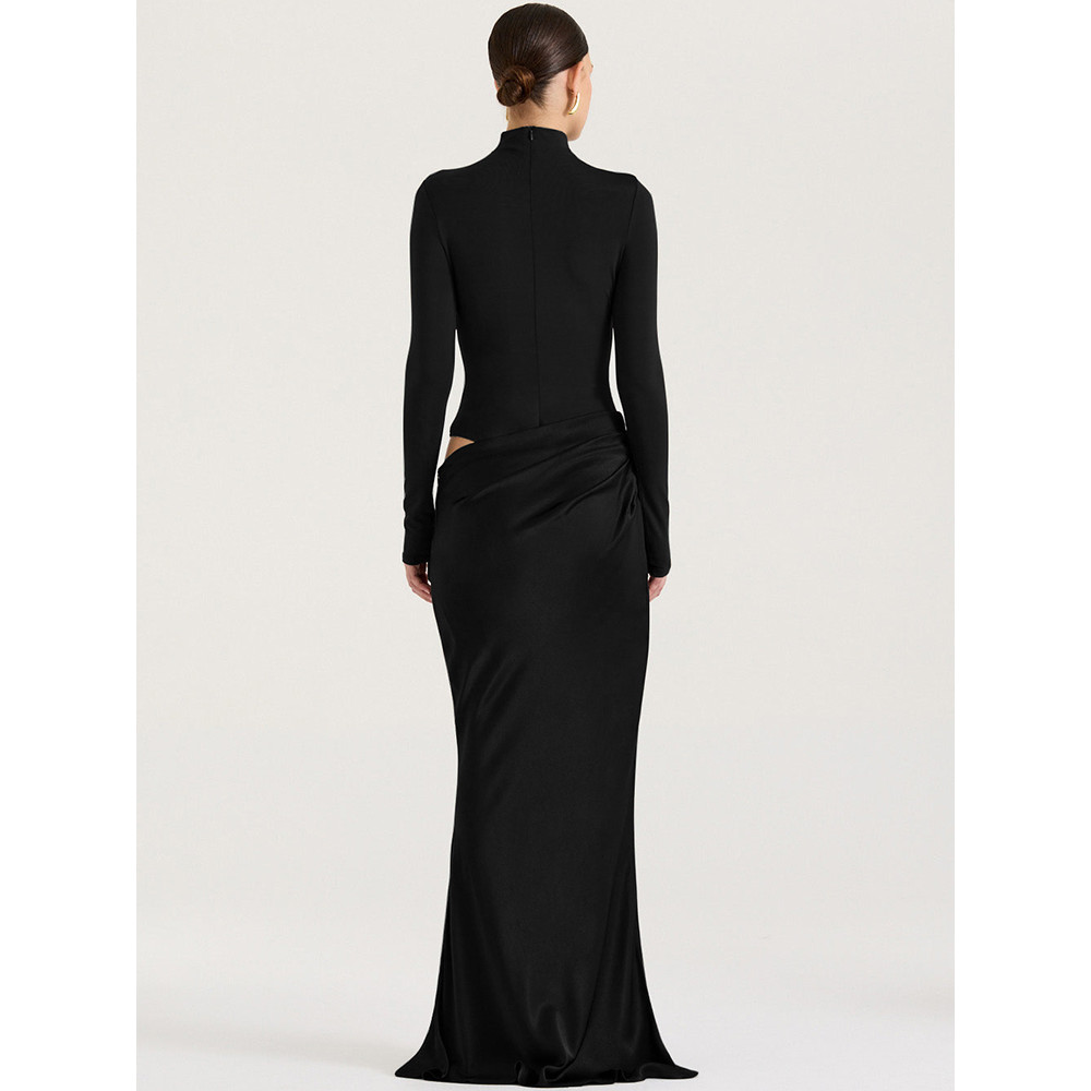 Turtleneck Satin Hollow Out Zipper Maxi Dress Women Black Patchwork Long Sleeve Slim Elegant Party Evening Dress Sexy