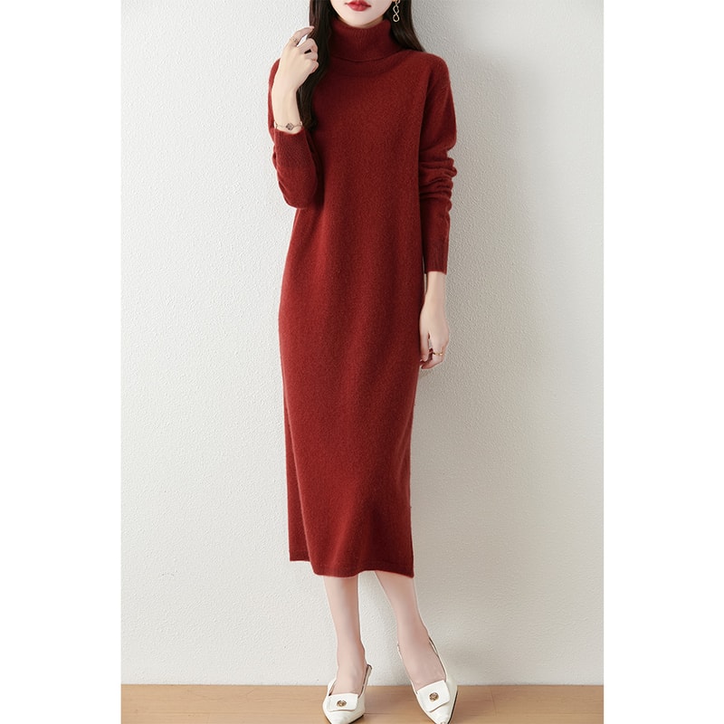 Autumn Winter Women Wool Sweater Dress Pullovers Turtleneck Straight Skirts Cashmere Versatile Merino Knitwear Dress