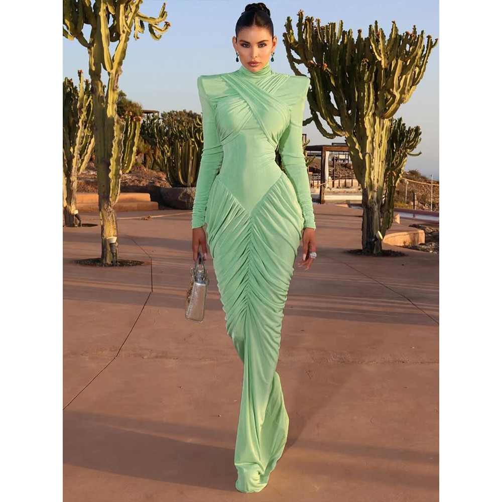 Autumn Weird Puss Maxi Dress Women Turtleneck Full Sleeve Backless Skinny Stretch Party Prom Elegant Ruched Vestidos