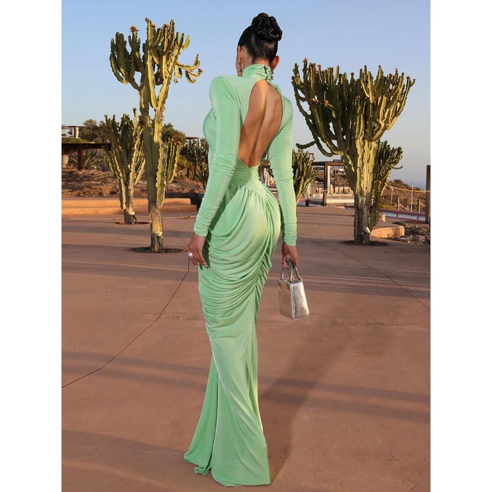 Autumn Weird Puss Maxi Dress Women Turtleneck Full Sleeve Backless Skinny Stretch Party Prom Elegant Ruched Vestidos