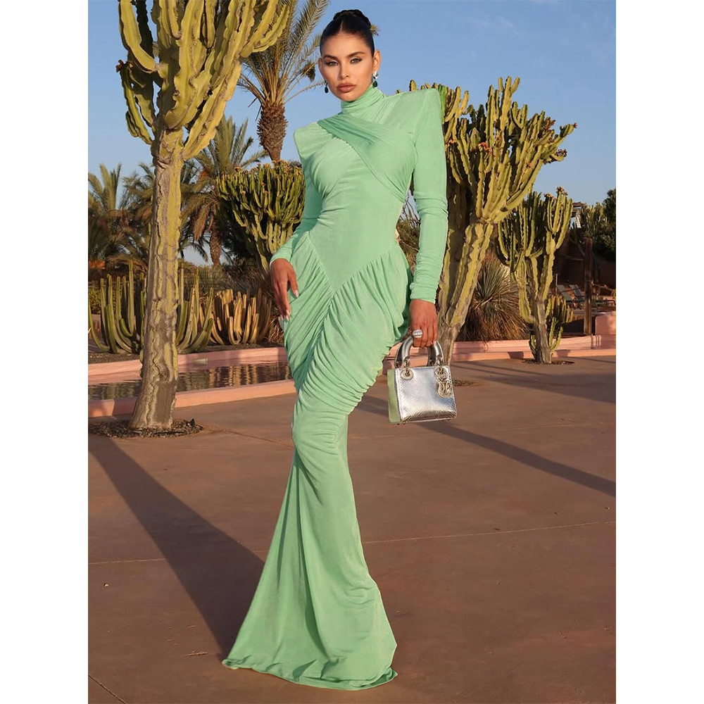 Autumn Weird Puss Maxi Dress Women Turtleneck Full Sleeve Backless Skinny Stretch Party Prom Elegant Ruched Vestidos