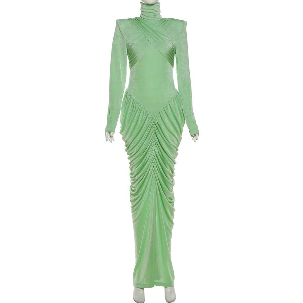 Autumn Weird Puss Maxi Dress Women Turtleneck Full Sleeve Backless Skinny Stretch Party Prom Elegant Ruched Vestidos