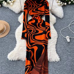 newest ladies american evening party dress turtleneck zipper print bodycon split fashion knitting long gown