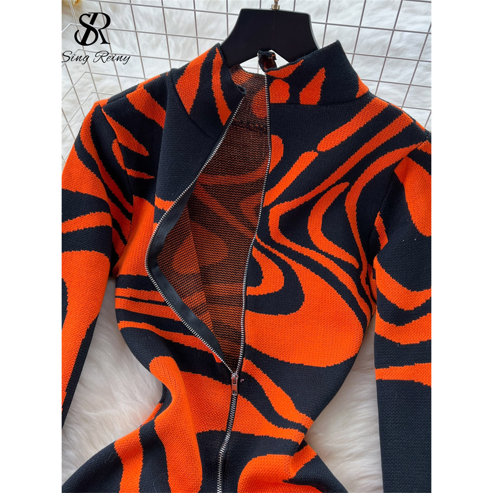 Newest Ladies American Evening Party Dress Turtleneck Zipper Print Bodycon Split Fashion Knitting Long Gown