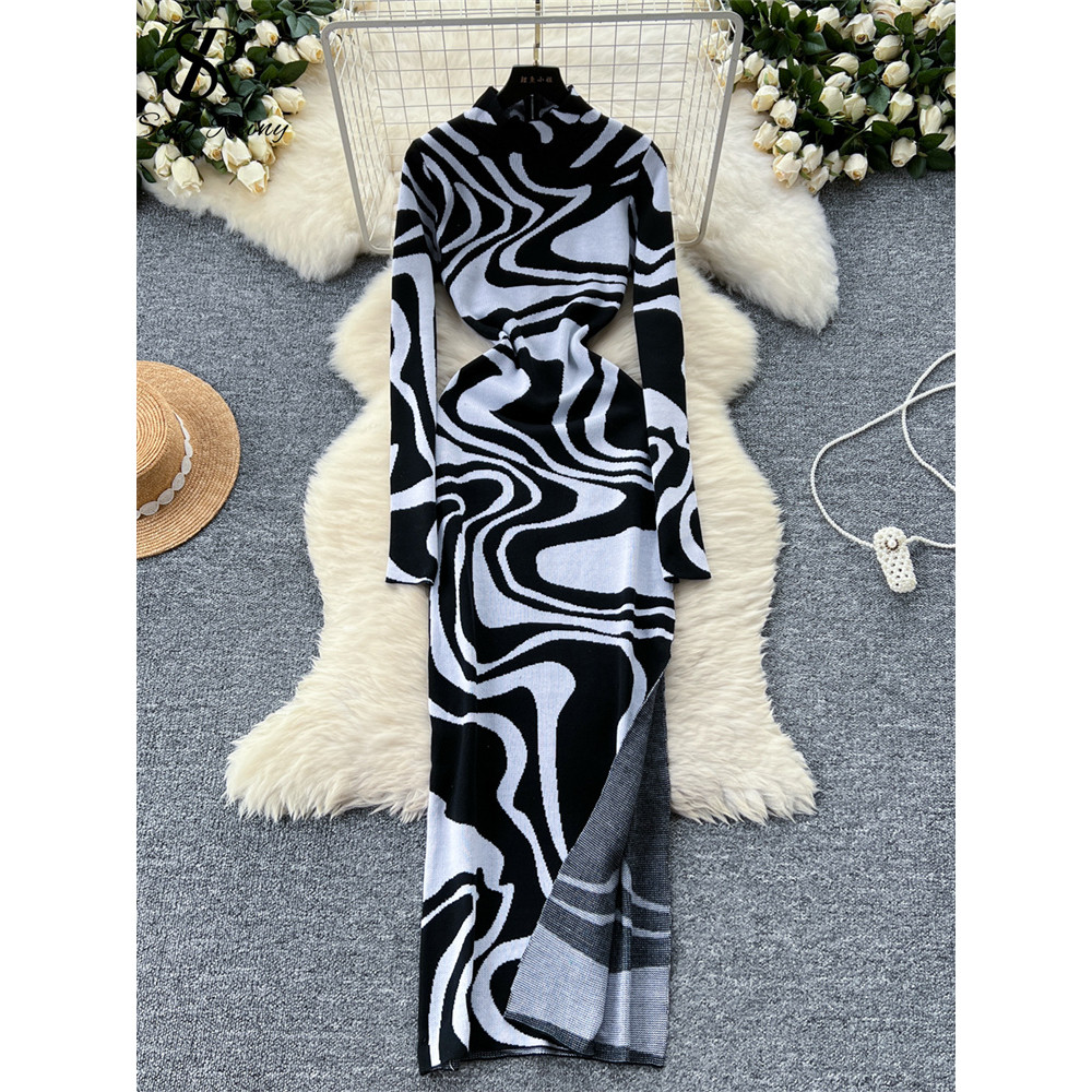 Newest Ladies American Evening Party Dress Turtleneck Zipper Print Bodycon Split Fashion Knitting Long Gown