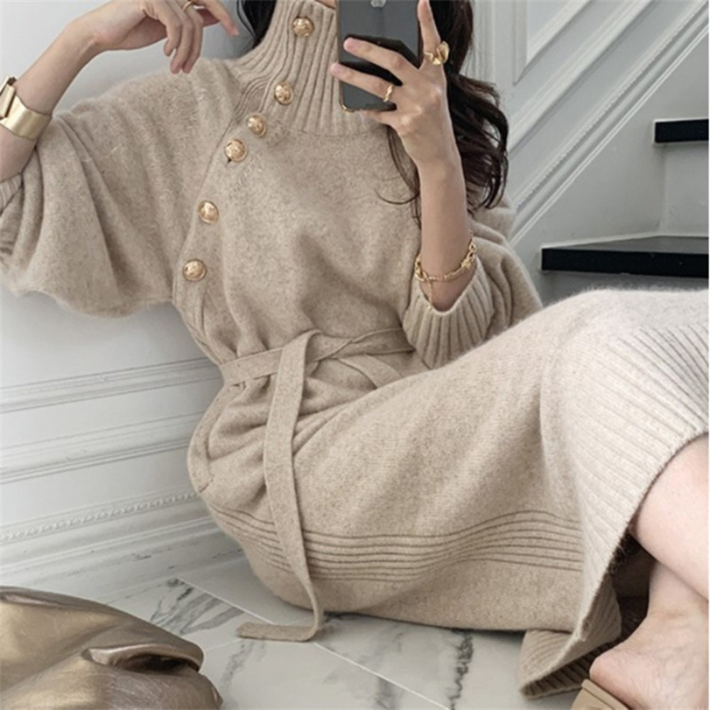 Elegant Dresses for Women Robe Sweater Maxi Dress Female Thick Knitted One-piece Turtleneck Buttons Lace up Autumn