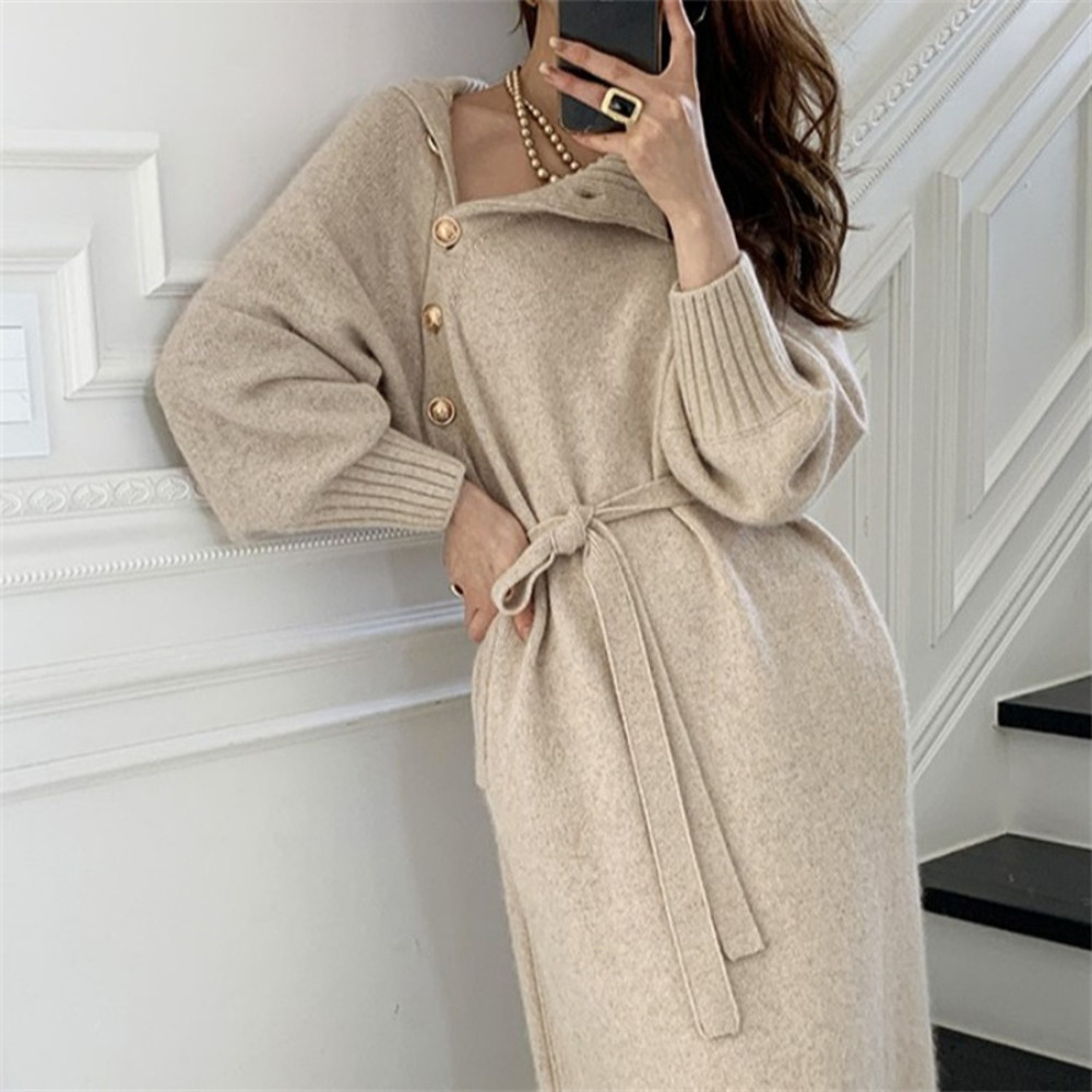 Elegant Dresses for Women Robe Sweater Maxi Dress Female Thick Knitted One-piece Turtleneck Buttons Lace up Autumn