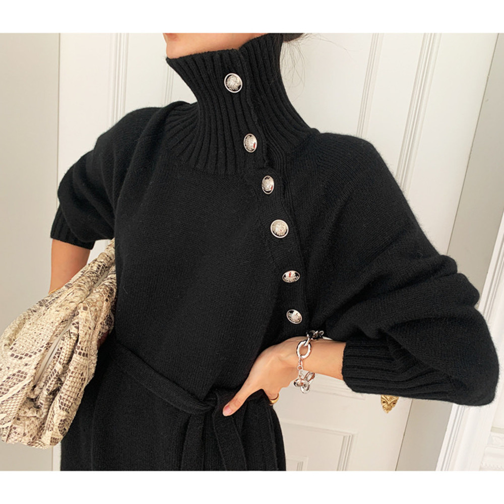Elegant Dresses for Women Robe Sweater Maxi Dress Female Thick Knitted One-piece Turtleneck Buttons Lace up Autumn