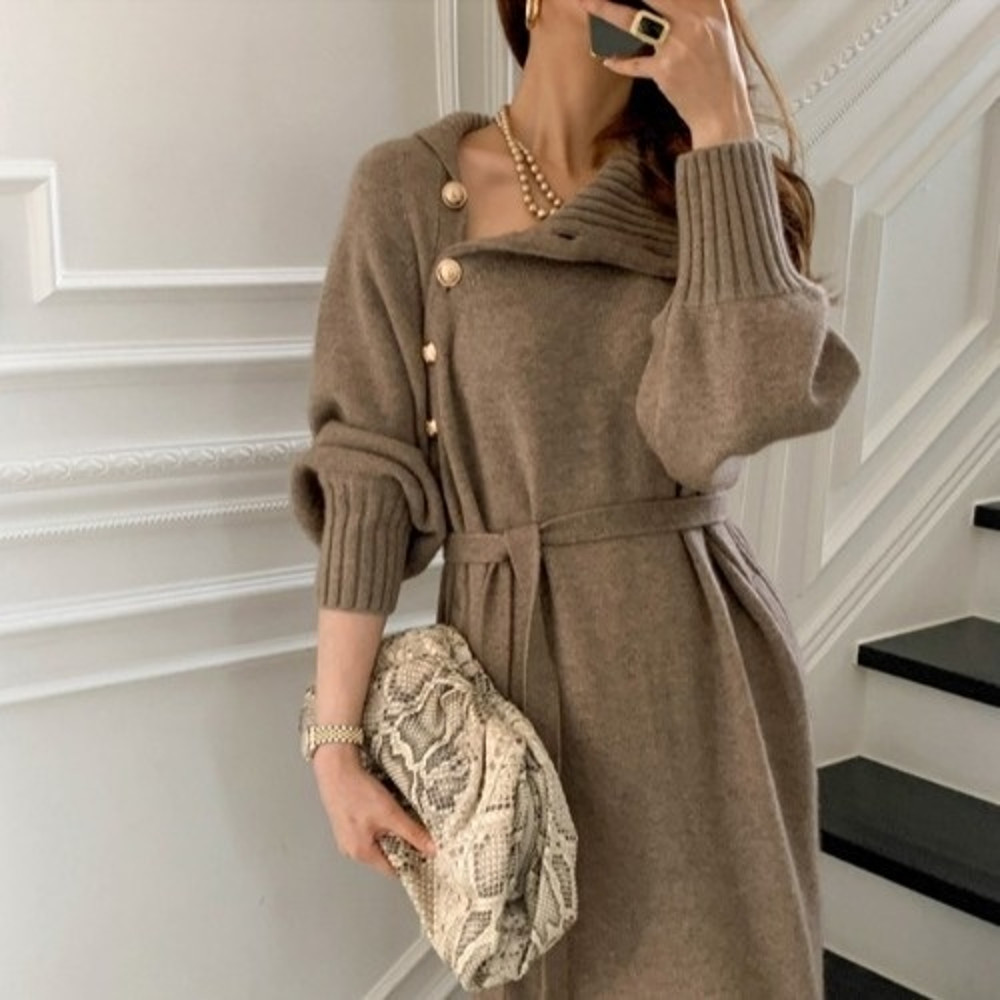 Elegant Dresses for Women Robe Sweater Maxi Dress Female Thick Knitted One-piece Turtleneck Buttons Lace up Autumn