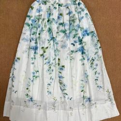 high waist midi skirt for women, lightweight linen, flowy watercolor floral boho, summer cottagecore style