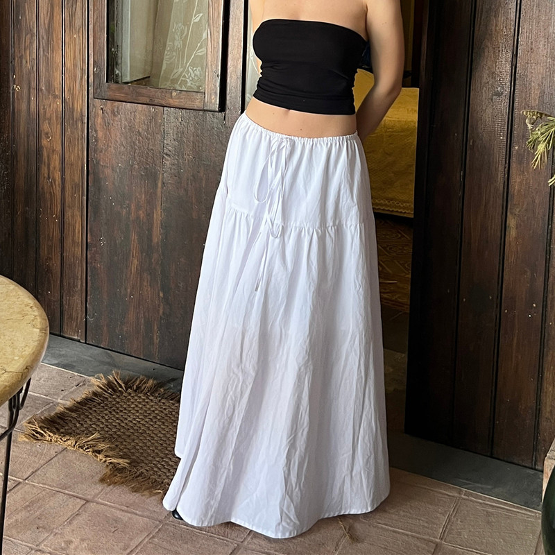 Ruffle Long Skirt for Women, Flowy A-Line Tiered Maxi Midi Skirt, Elastic Waist Drawstring Summer Vacation Beachwear