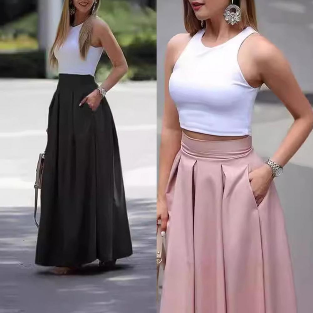 Elegant Flowy High Waist Maxi Skirt for Women, Long Skirt with Pockets, Breathable Slimming Fit for Parties
