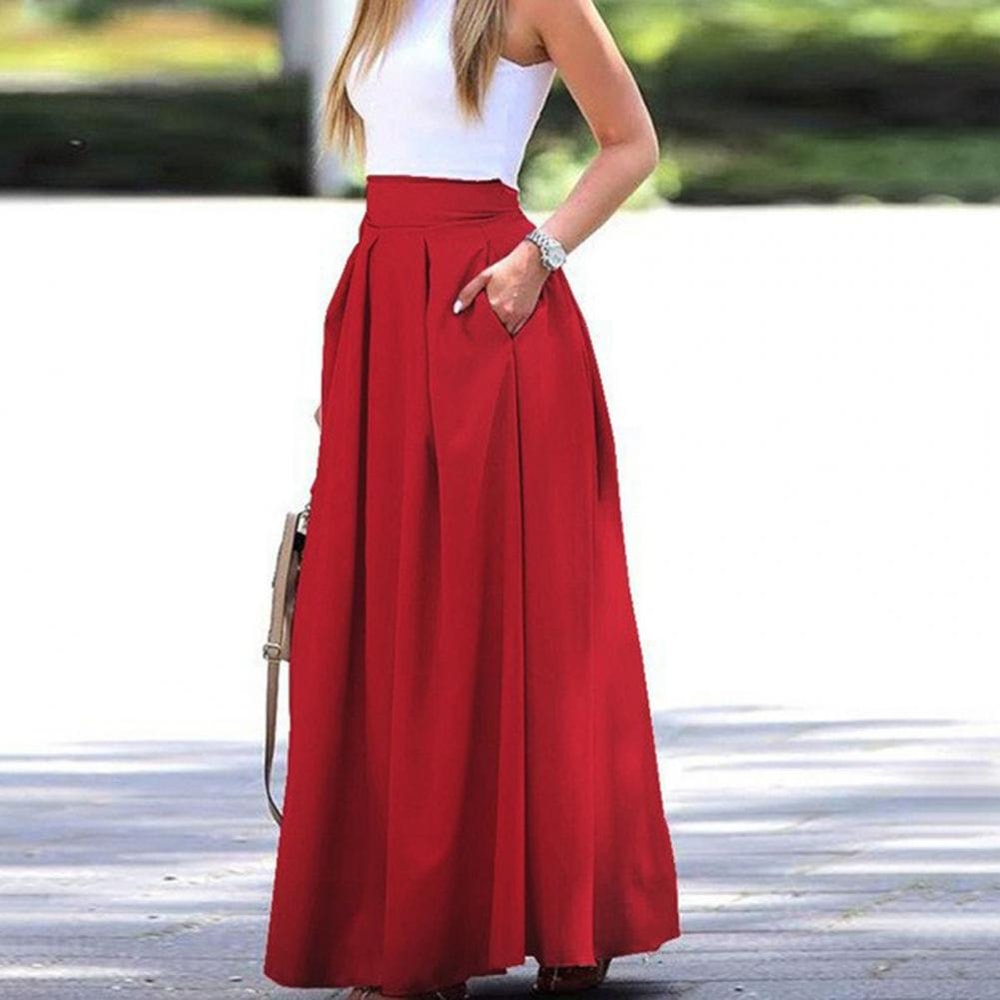 Elegant Flowy High Waist Maxi Skirt for Women, Long Skirt with Pockets, Breathable Slimming Fit for Parties