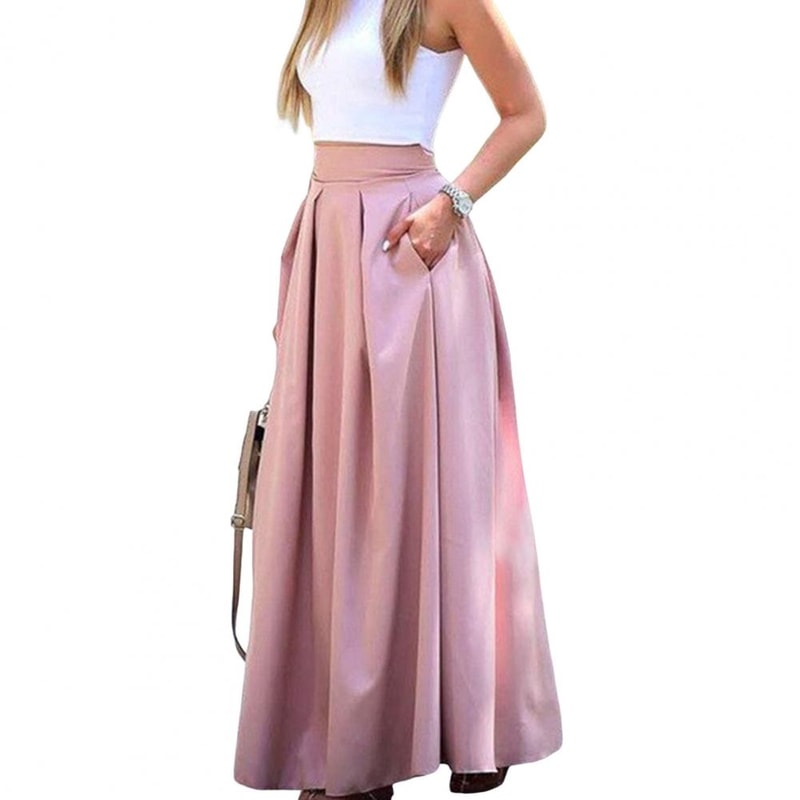 Elegant Flowy High Waist Maxi Skirt for Women, Long Skirt with Pockets, Breathable Slimming Fit for Parties