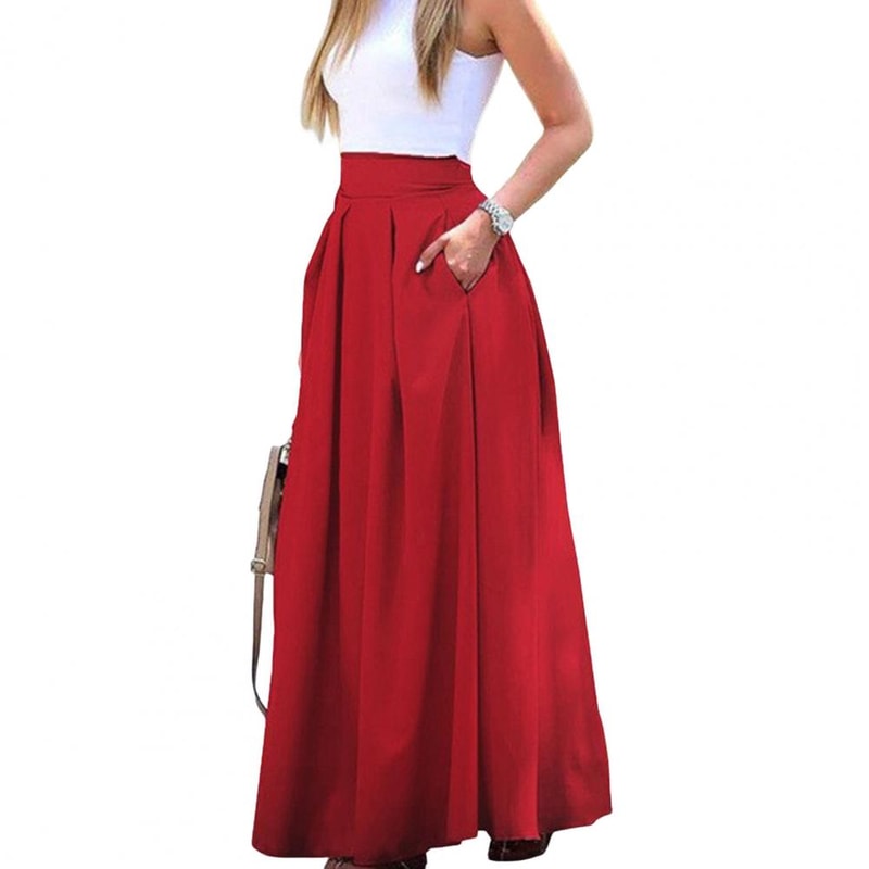 Elegant Flowy High Waist Maxi Skirt for Women, Long Skirt with Pockets, Breathable Slimming Fit for Parties