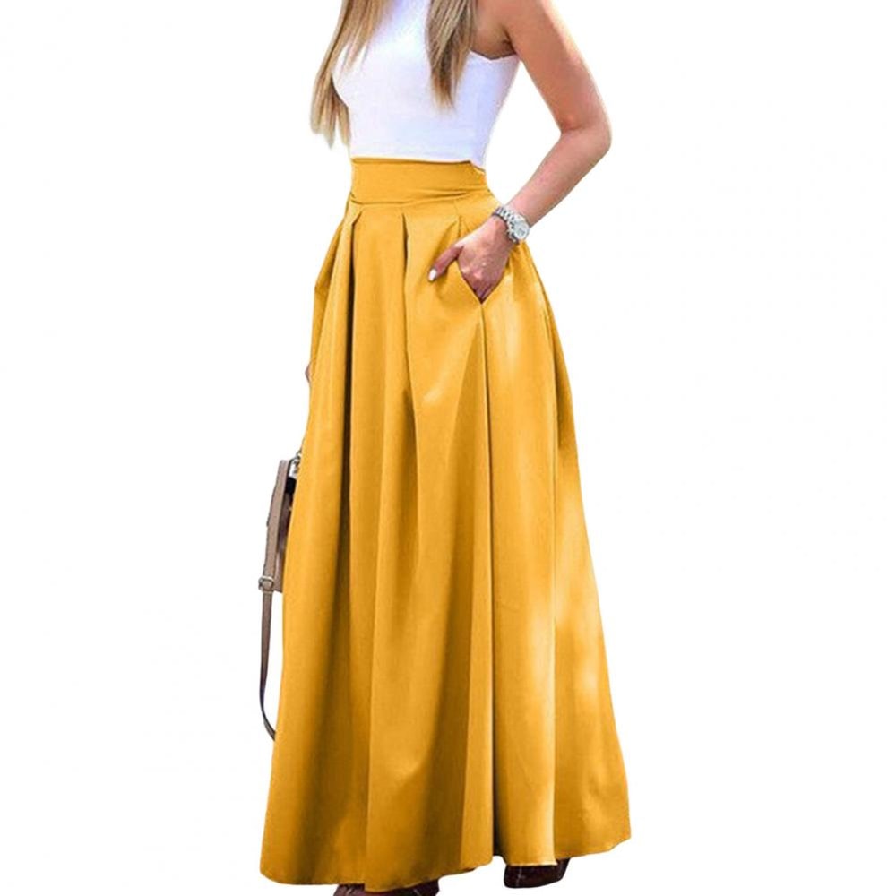 Elegant Flowy High Waist Maxi Skirt for Women, Long Skirt with Pockets, Breathable Slimming Fit for Parties