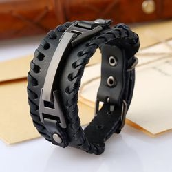 Black leather bracelet, genuine leather braided bracelet, bracelet for men, women, friends gifts