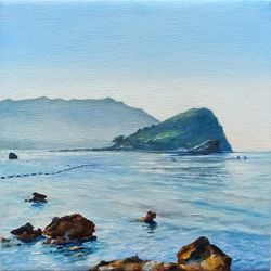 Seascape Original oil painting Canvas 20 x 20cm Bay in Montenegro Painting with the sea