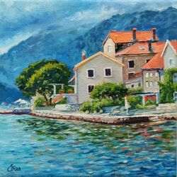 Seascape Original oil painting Canvas Seaside resort town Promenade Views of Montenegro