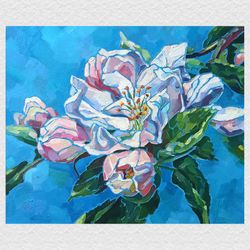 Apple Blossom in Spring White Flowers Apple Tree Branch with flowers Original Oil Painting