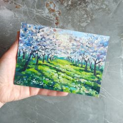 Bright Landscape Flowering Fruit Trees Beautiful Garden Small Oil painting 5x7 inches Cherry Blossoms