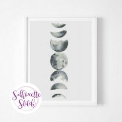 moon phases watercolor cross stitch pattern - modern cross stitch pattern - counted cross stitch pattern - hand embroide
